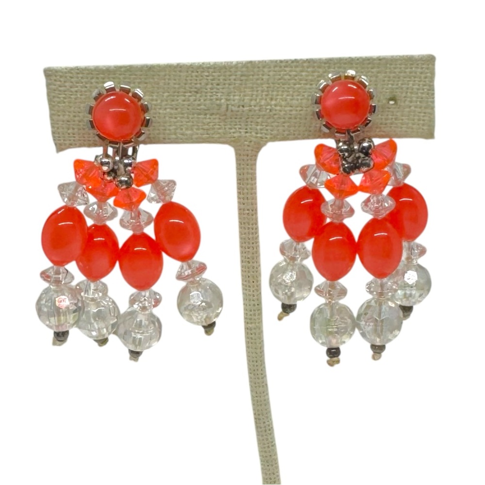 Vintage Coral & Clear Acrylic Moon-glow Bead & Crystal Dangle Clip On Earrings
